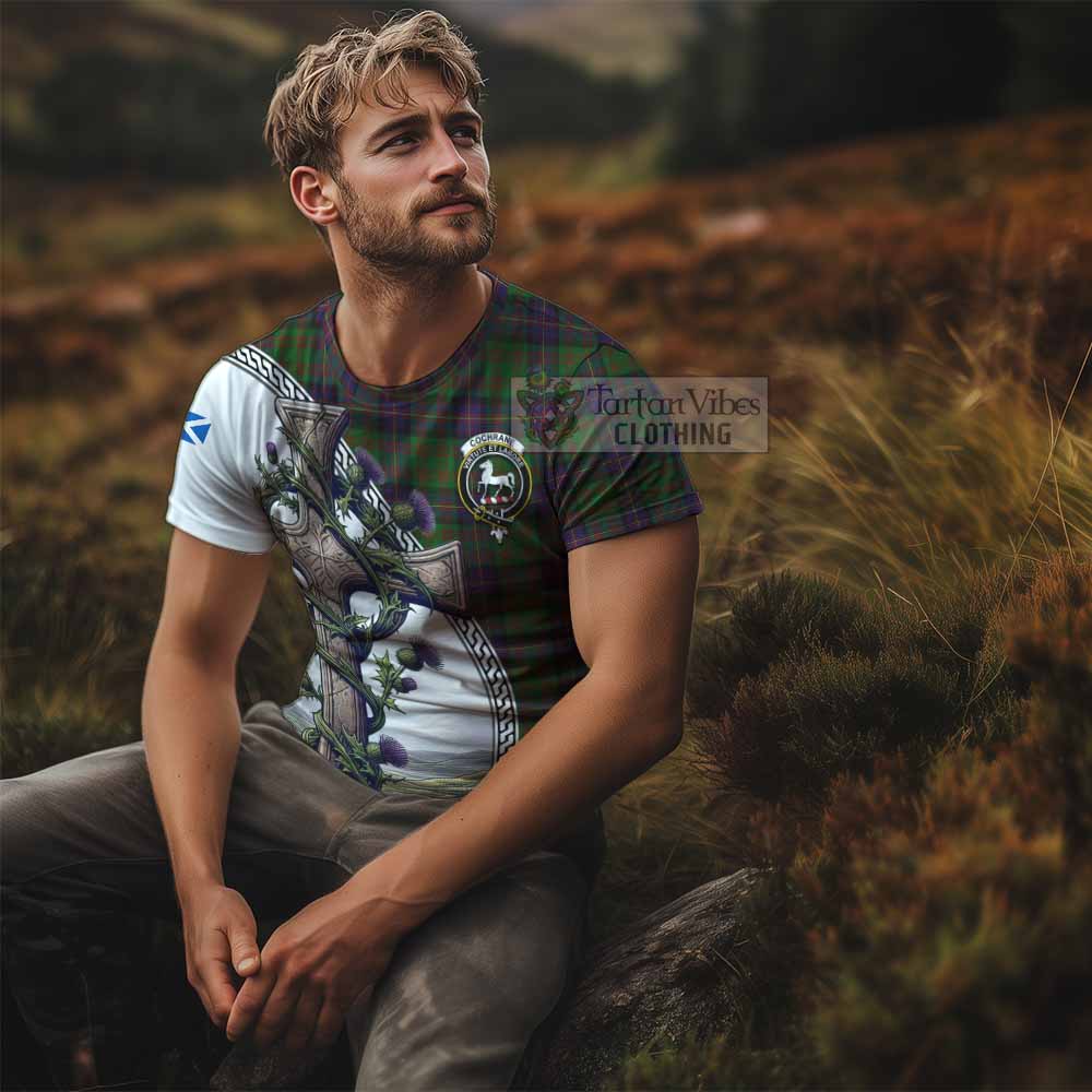 Tartan Vibes Clothing Cochrane Agnew Tartan T-Shirt with Family Crest and St. Andrew's Cross Accented by Thistle Vines