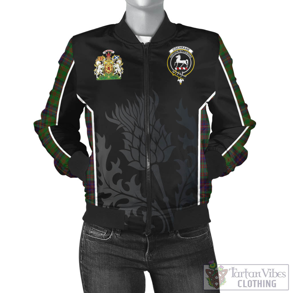 Tartan Vibes Clothing Cochrane Tartan Bomber Jacket with Family Crest and Scottish Thistle Vibes Sport Style