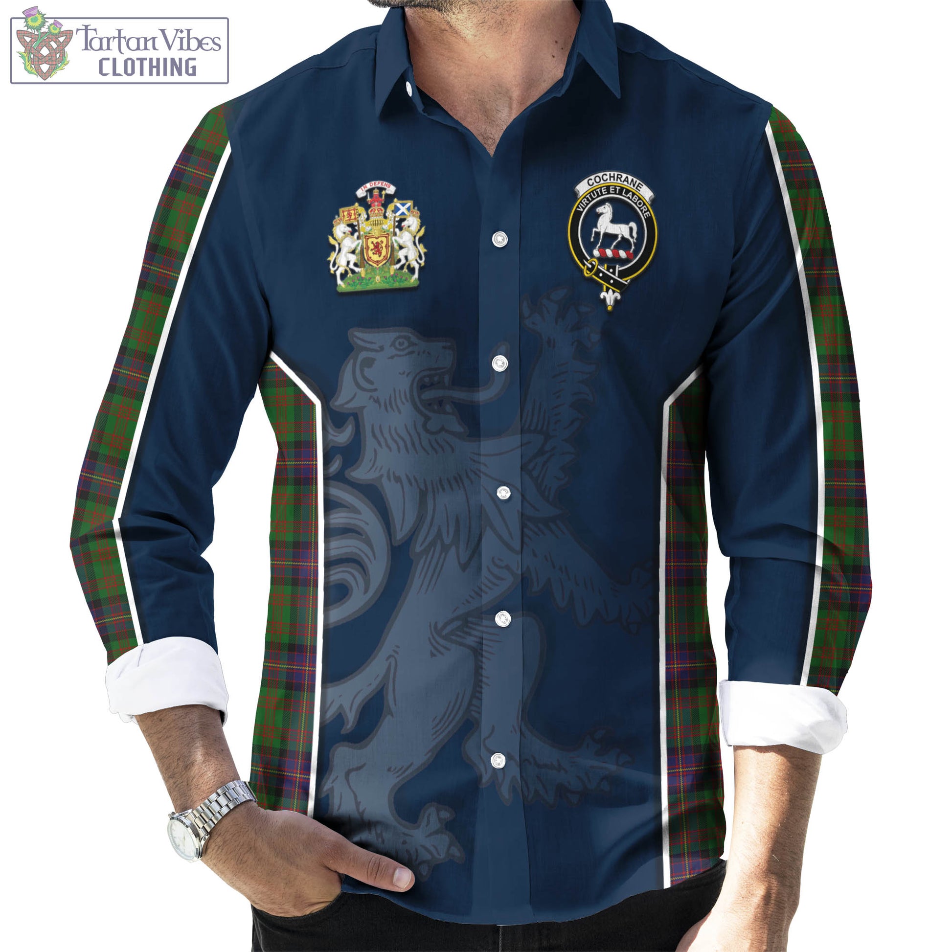 Tartan Vibes Clothing Cochrane Tartan Long Sleeve Button Up Shirt with Family Crest and Lion Rampant Vibes Sport Style