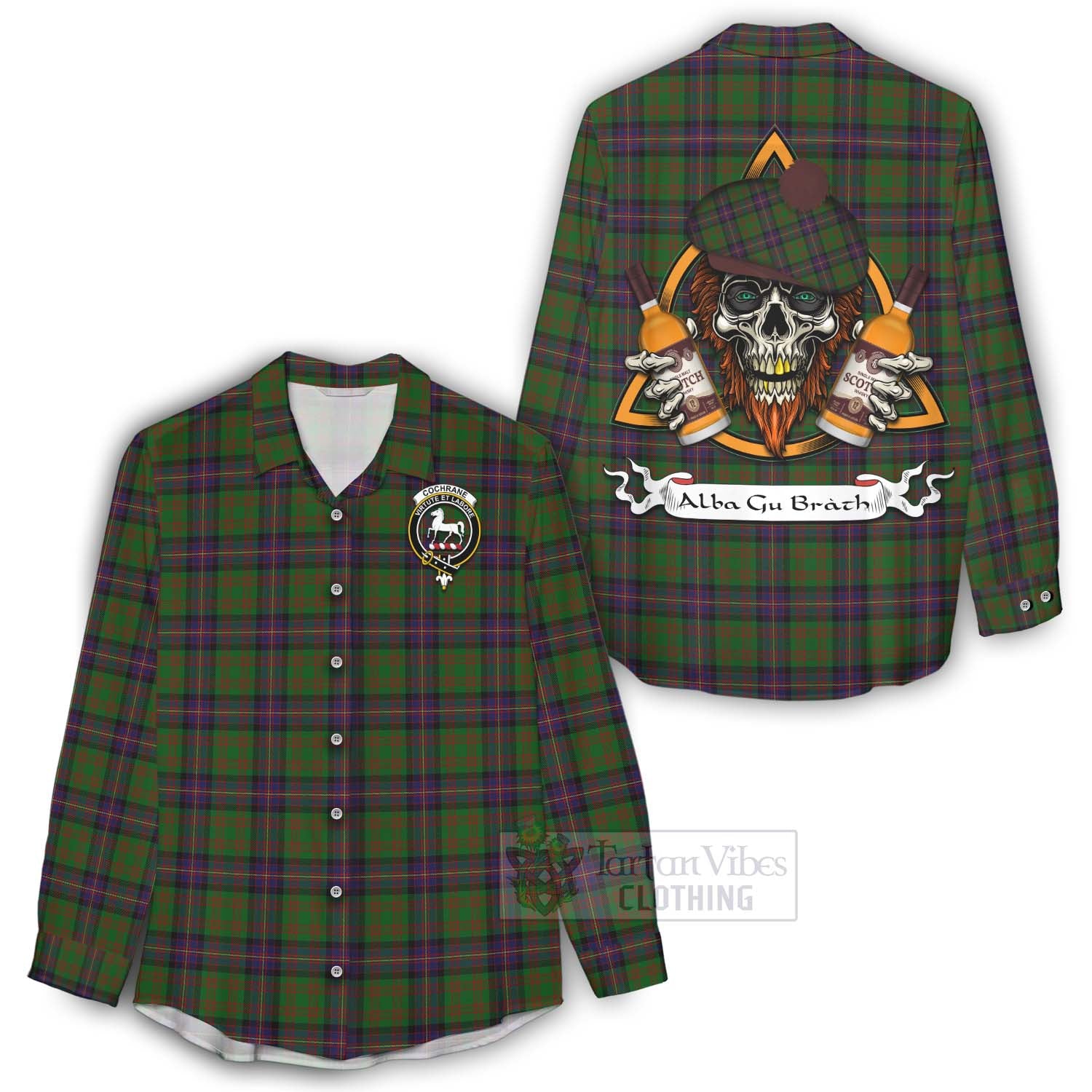 Tartan Vibes Clothing Cochrane Tartan Women's Casual Shirt with Family Crest and Bearded Skull Holding Bottles of Whiskey