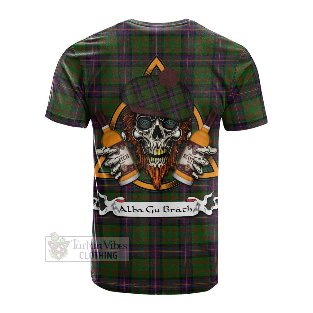 Tartan Vibes Clothing Cochrane Tartan Cotton T-shirt with Family Crest and Bearded Skull Holding Bottles of Whiskey