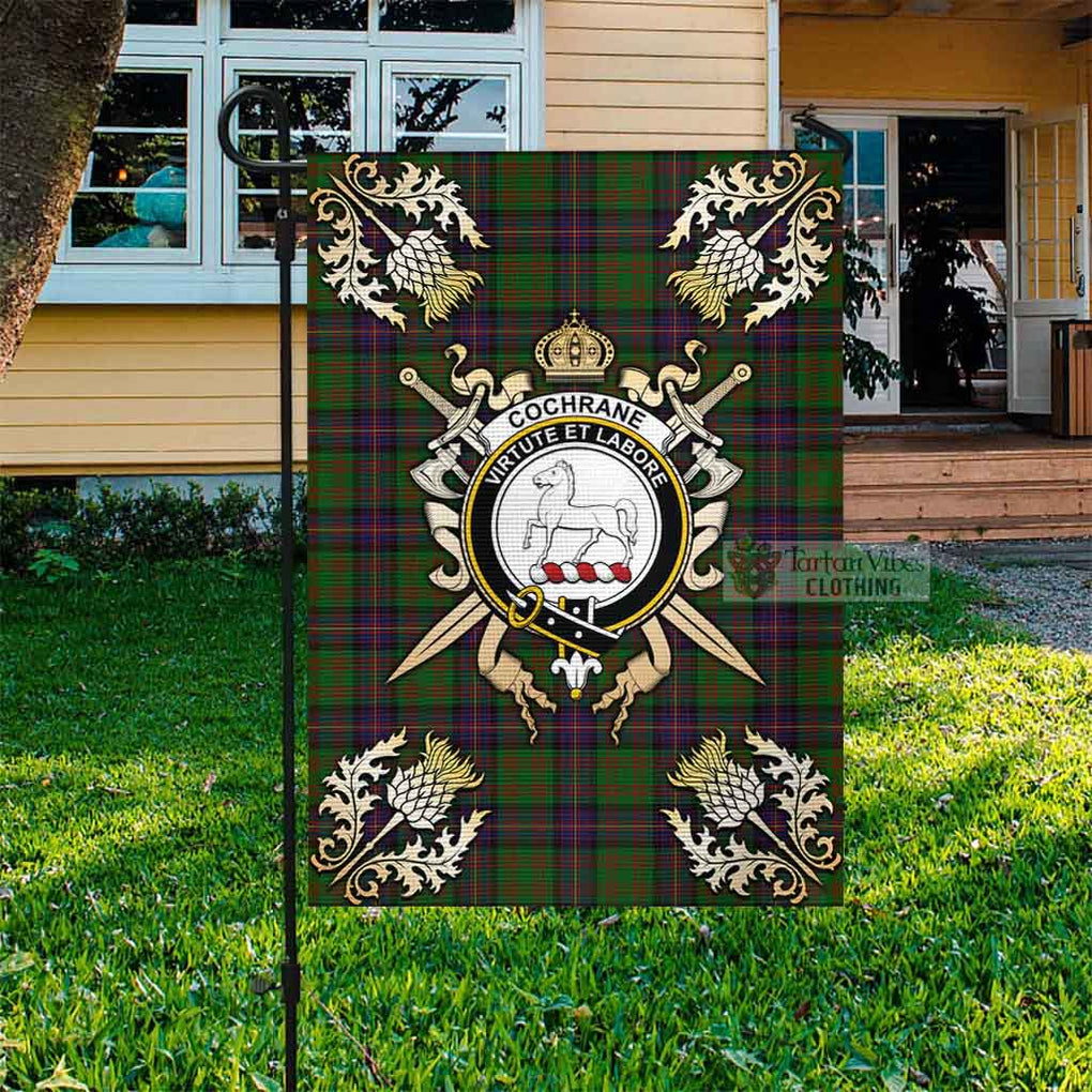 Tartan Vibes Clothing Cochrane Tartan Flag with Family Crest and Golden Thistle Crossed Sword Design