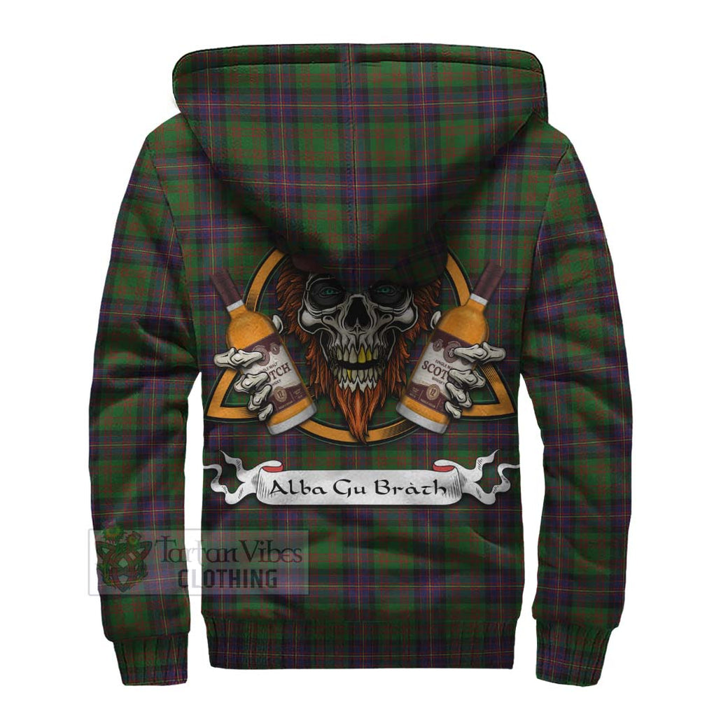 Tartan Vibes Clothing Cochrane Tartan Sherpa Hoodie with Family Crest and Bearded Skull Holding Bottles of Whiskey