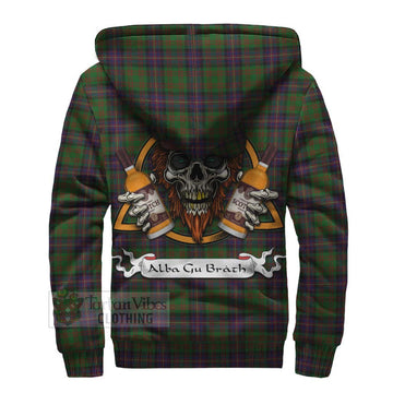 Cochrane Tartan Sherpa Hoodie with Family Crest and Bearded Skull Holding Bottles of Whiskey