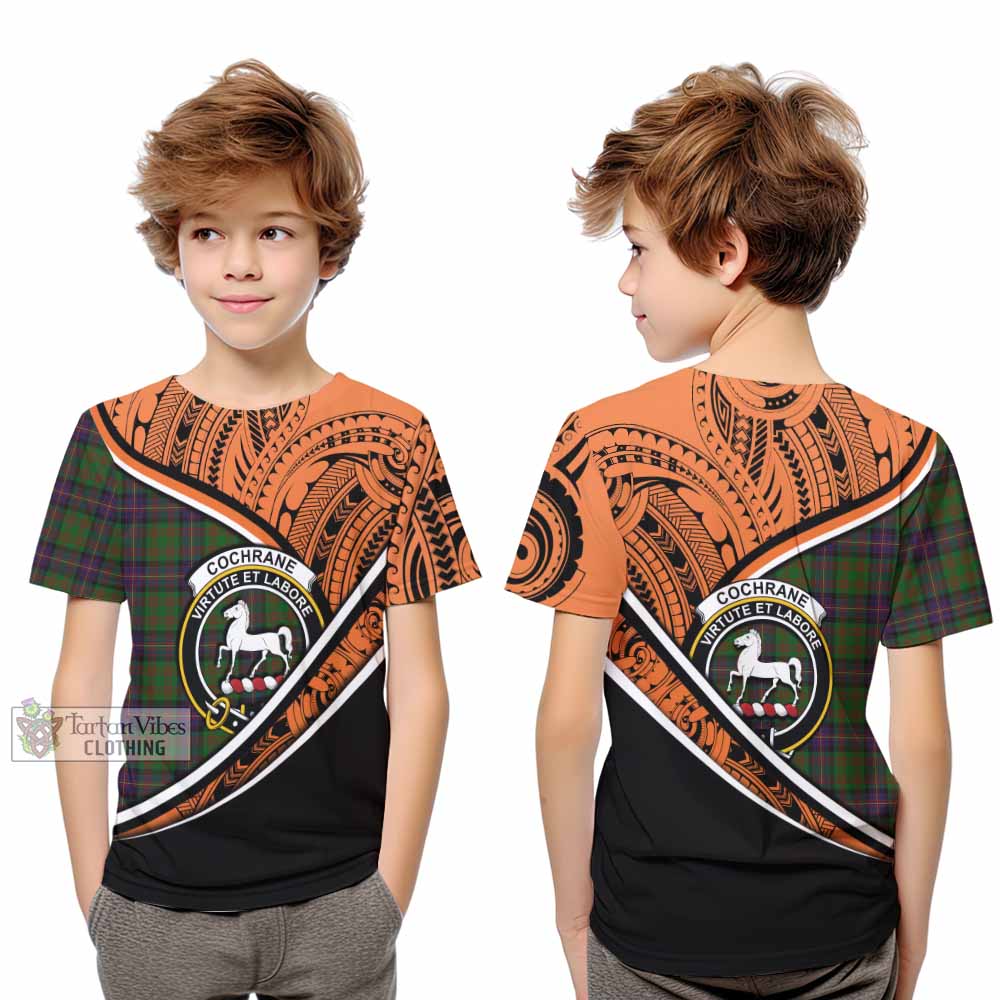 Tartan Vibes Clothing Cochrane Crest Tartan Kid T-Shirt with Maori Tattoo Style - Orange Version