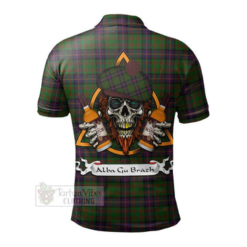 Cochrane Tartan Polo Shirt with Family Crest and Bearded Skull Holding Bottles of Whiskey