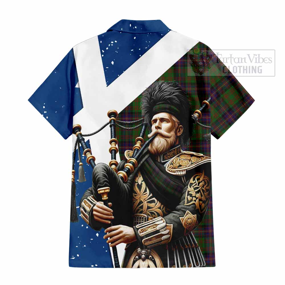 Tartan Vibes Clothing Cochrane Tartan Short Sleeve Button Shirt with Family Crest Scottish Bagpiper Vibes