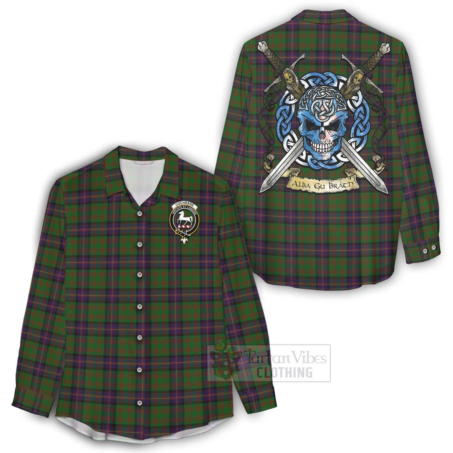 Tartan Vibes Clothing Cochrane Tartan Women's Casual Shirt with Family Crest Celtic Skull Style