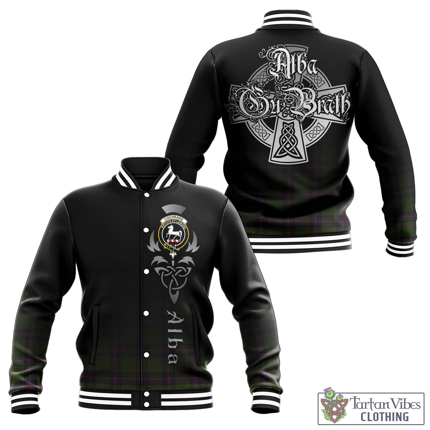 Tartan Vibes Clothing Cochrane Tartan Baseball Jacket Featuring Alba Gu Brath Family Crest Celtic Inspired