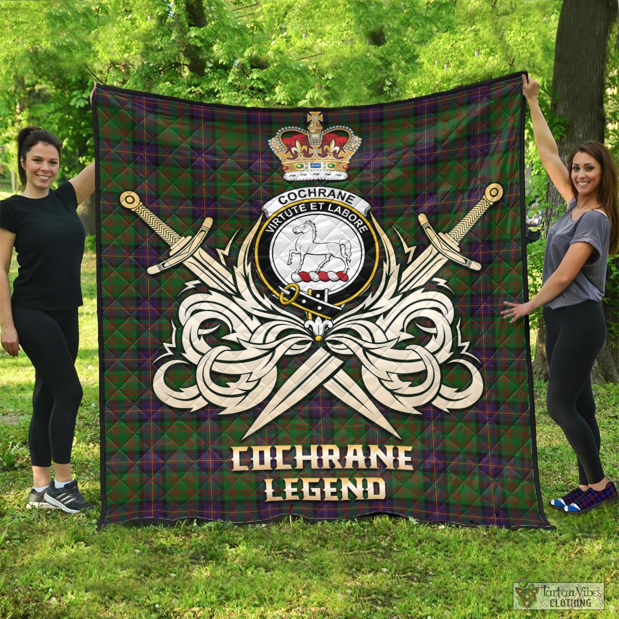 Tartan Vibes Clothing Cochrane Tartan Quilt with Clan Crest and the Golden Sword of Courageous Legacy