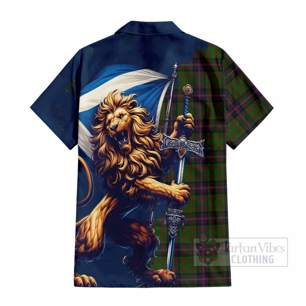 Tartan Vibes Clothing Cochrane Tartan Family Crest Short Sleeve Button Shirt with Scottish Majestic Lion