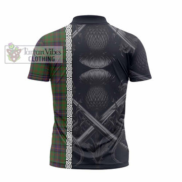 Cochrane Tartan Zipper Polo Shirt with Family Crest Cross Sword Thistle Celtic Vibes