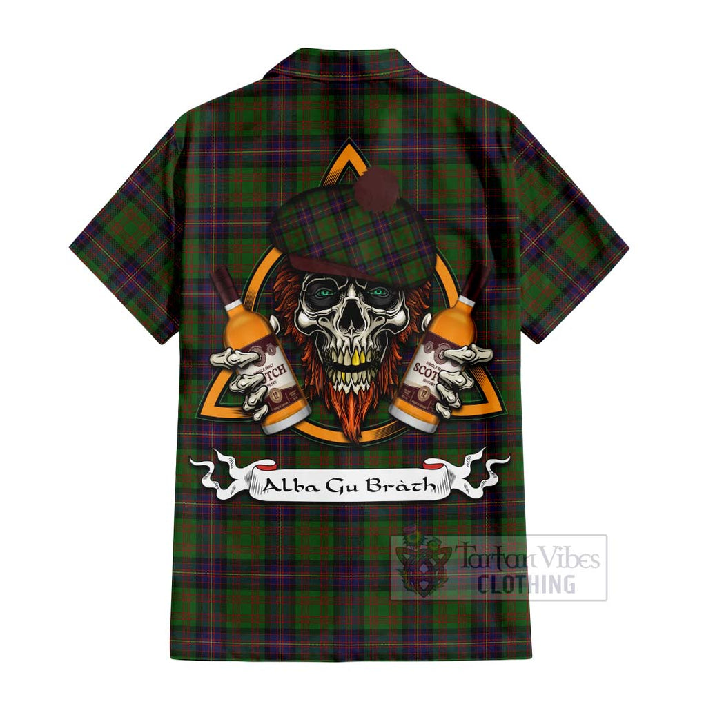 Tartan Vibes Clothing Cochrane Tartan Short Sleeve Button Shirt with Family Crest and Bearded Skull Holding Bottles of Whiskey