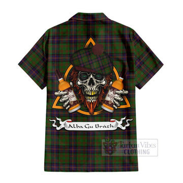 Cochrane Tartan Short Sleeve Button Shirt with Family Crest and Bearded Skull Holding Bottles of Whiskey