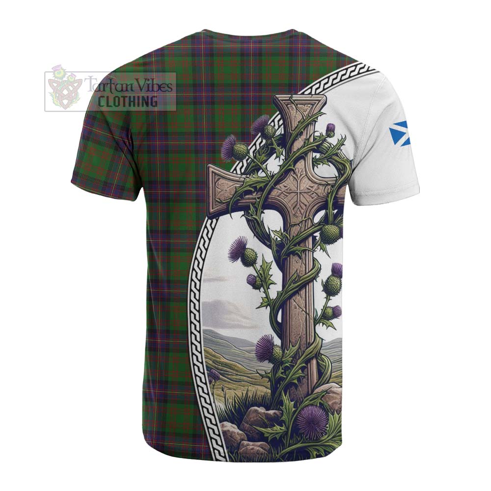 Tartan Vibes Clothing Cochrane Tartan Cotton T-shirt with Family Crest and St. Andrew's Cross Accented by Thistle Vines