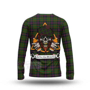 Cochrane Tartan Long Sleeve T-Shirt with Family Crest and Bearded Skull Holding Bottles of Whiskey