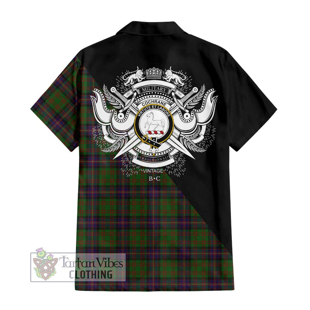 Cochrane Tartan Short Sleeve Button Shirt with Family Crest and Military Logo Style - Tartanvibesclothing Shop