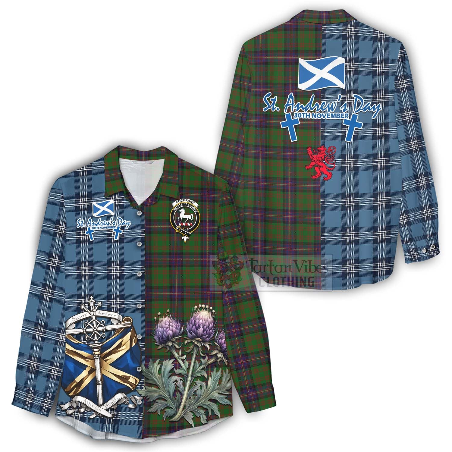 Tartan Vibes Clothing Cochrane Tartan Women's Casual Shirt Happy St. Andrew's Day Half Tartan Style