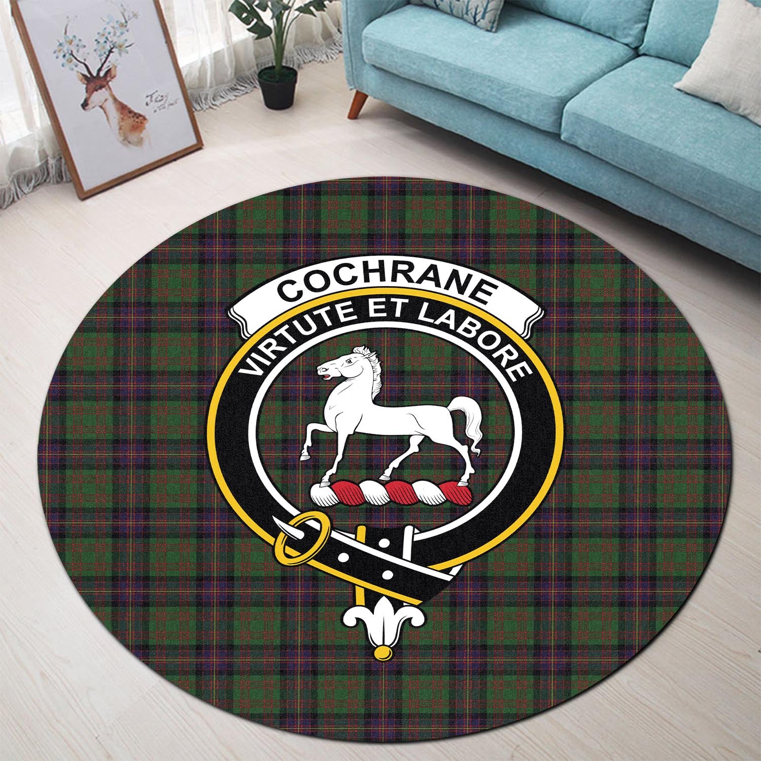 Cochrane Tartan Round Rug with Family Crest - Tartanvibesclothing