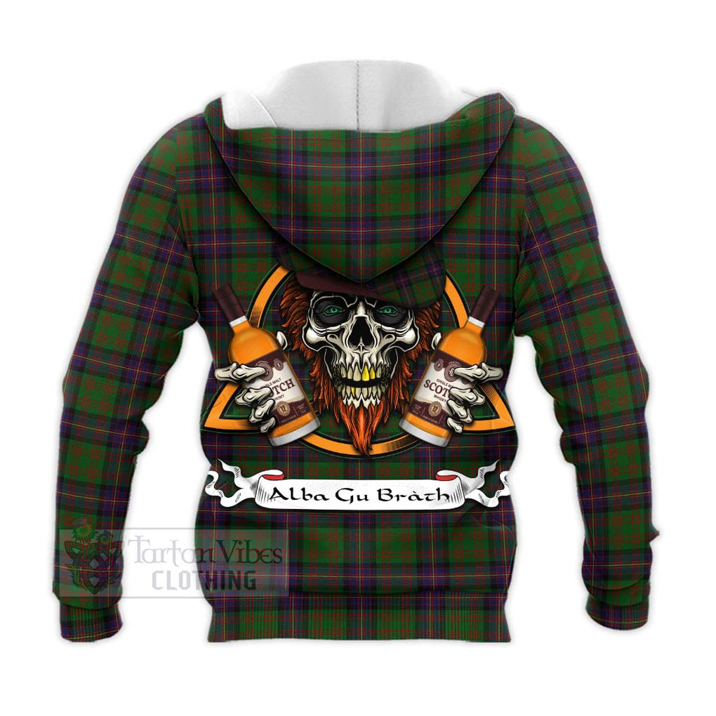 Tartan Vibes Clothing Cochrane Tartan Knitted Hoodie with Family Crest and Bearded Skull Holding Bottles of Whiskey