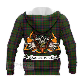 Cochrane Tartan Knitted Hoodie with Family Crest and Bearded Skull Holding Bottles of Whiskey