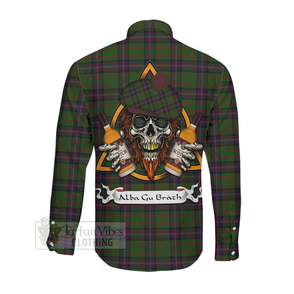 Tartan Vibes Clothing Cochrane Tartan Long Sleeve Button Shirt with Family Crest and Bearded Skull Holding Bottles of Whiskey