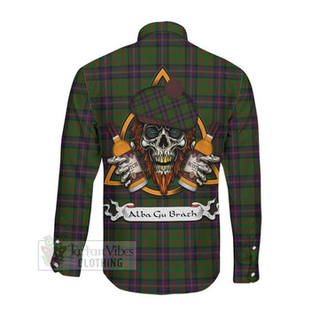 Cochrane Tartan Long Sleeve Button Shirt with Family Crest and Bearded Skull Holding Bottles of Whiskey