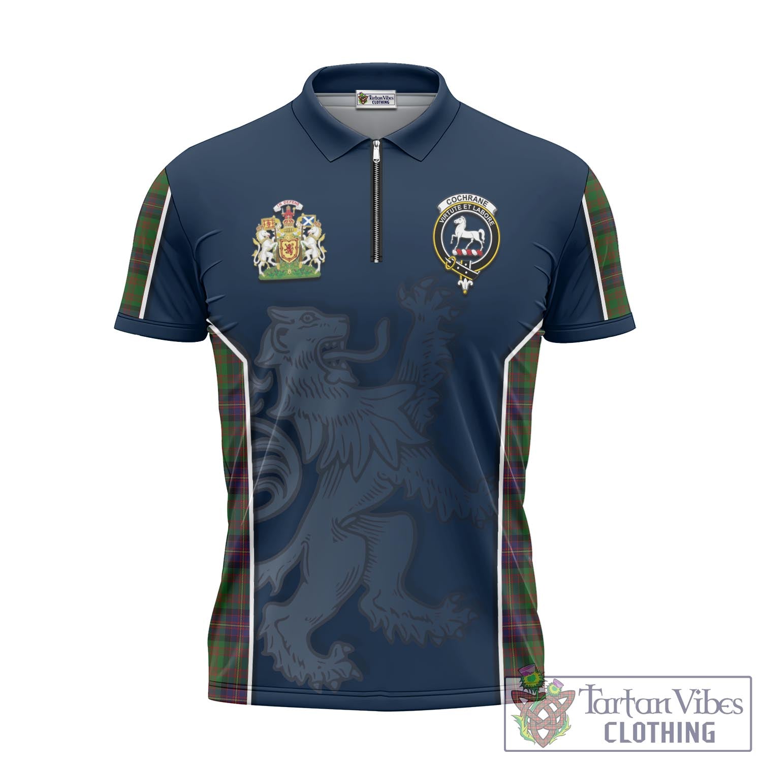 Tartan Vibes Clothing Cochrane Tartan Zipper Polo Shirt with Family Crest and Lion Rampant Vibes Sport Style