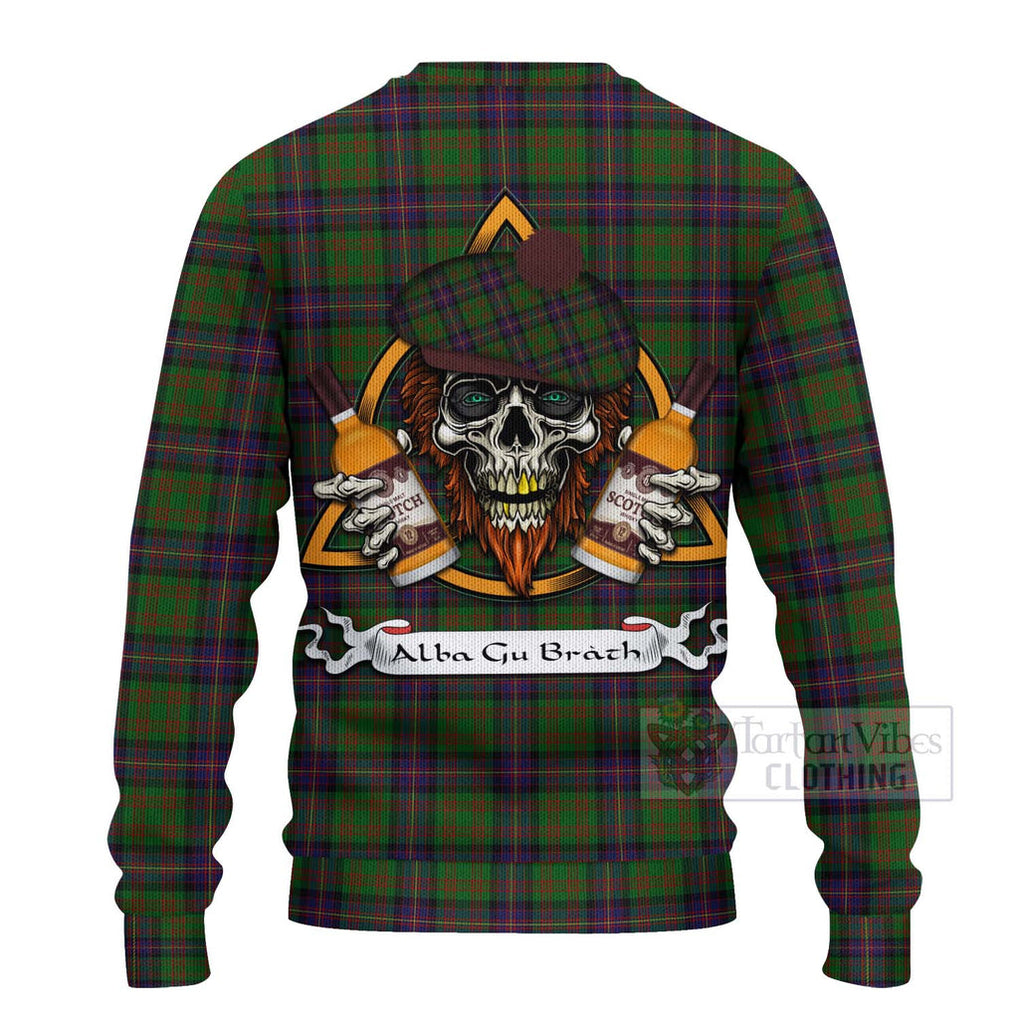 Tartan Vibes Clothing Cochrane Tartan Knitted Sweater with Family Crest and Bearded Skull Holding Bottles of Whiskey