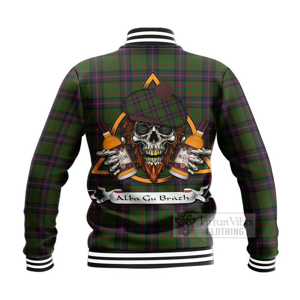 Tartan Vibes Clothing Cochrane Tartan Baseball Jacket with Family Crest and Bearded Skull Holding Bottles of Whiskey