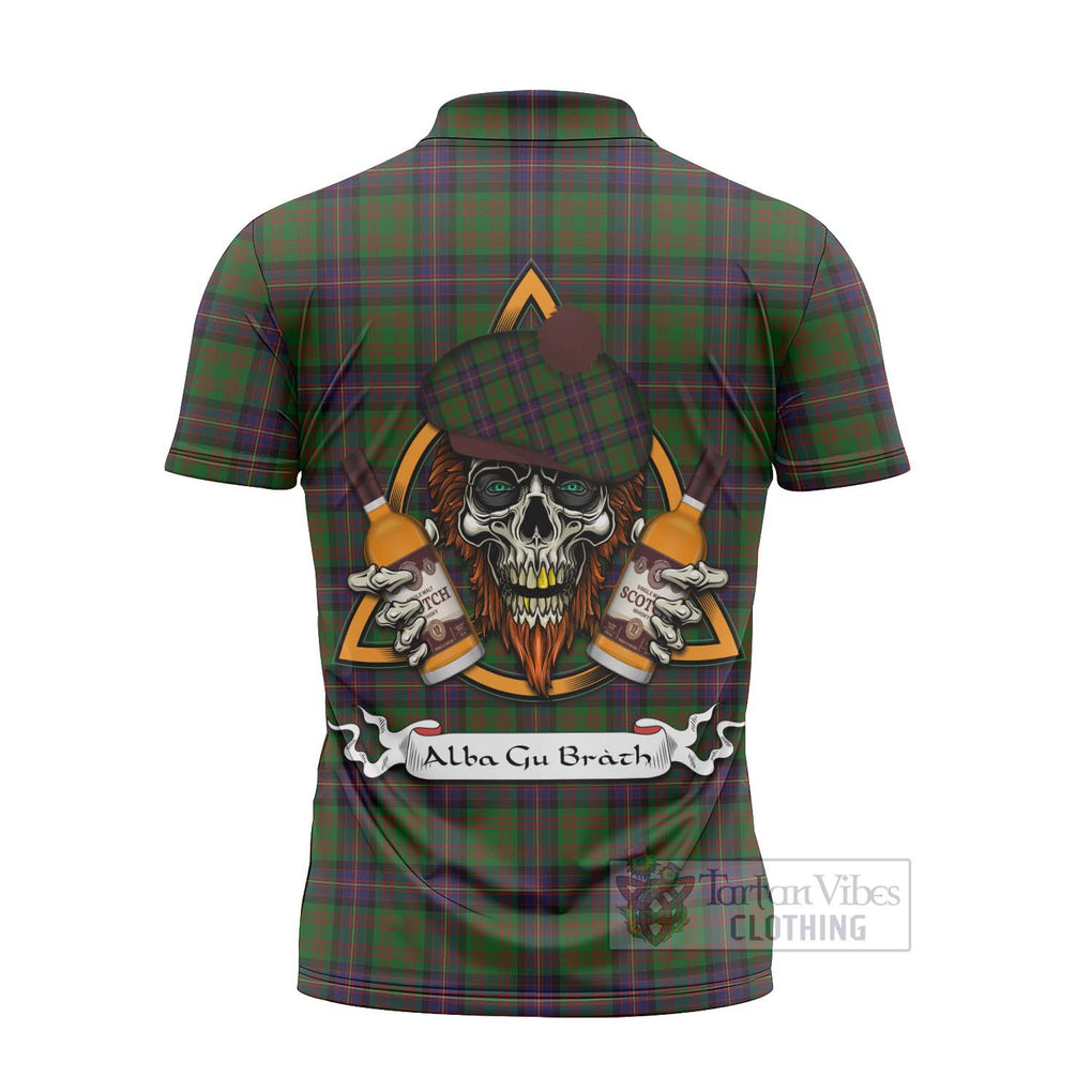 Tartan Vibes Clothing Cochrane Tartan Zipper Polo Shirt with Family Crest and Bearded Skull Holding Bottles of Whiskey