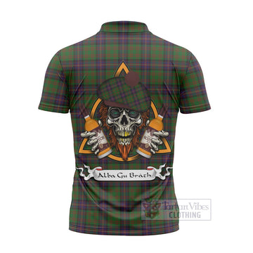 Cochrane Tartan Zipper Polo Shirt with Family Crest and Bearded Skull Holding Bottles of Whiskey