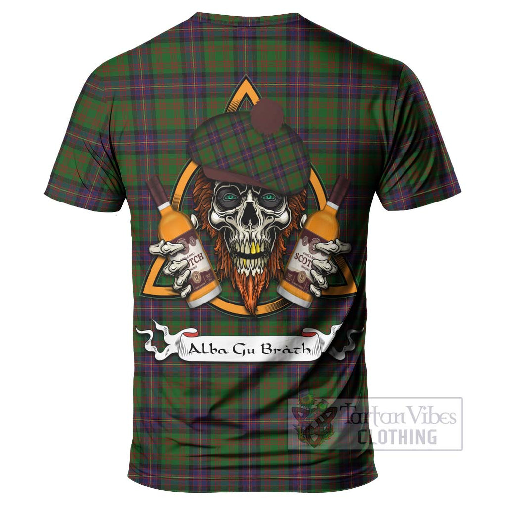 Tartan Vibes Clothing Cochrane Tartan T-Shirt with Family Crest and Bearded Skull Holding Bottles of Whiskey