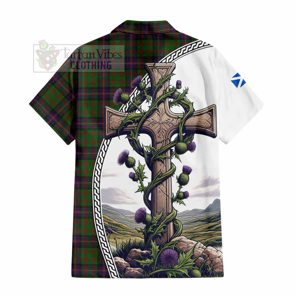 Tartan Vibes Clothing Cochrane Tartan Short Sleeve Button Shirt with Family Crest and St. Andrew's Cross Accented by Thistle Vines