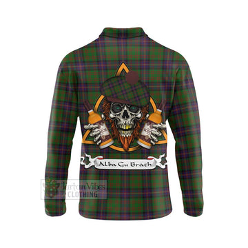 Cochrane Tartan Long Sleeve Polo Shirt with Family Crest and Bearded Skull Holding Bottles of Whiskey