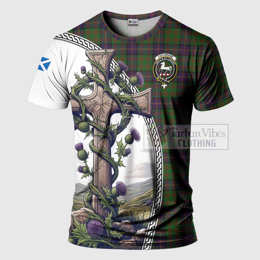 Tartan Vibes Clothing Cochrane Agnew Tartan T-Shirt with Family Crest and St. Andrew's Cross Accented by Thistle Vines