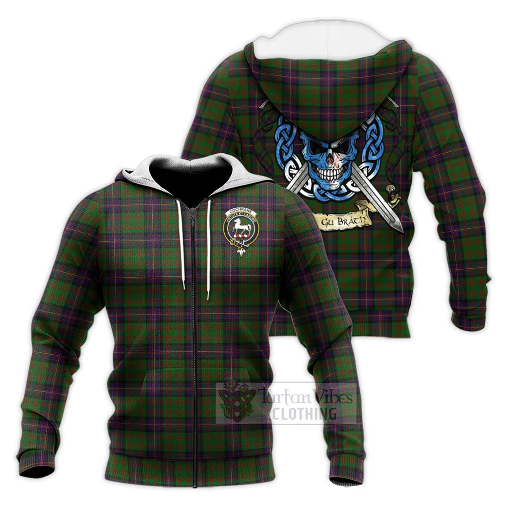 Tartan Vibes Clothing Cochrane Tartan Knitted Hoodie with Family Crest Celtic Skull Style