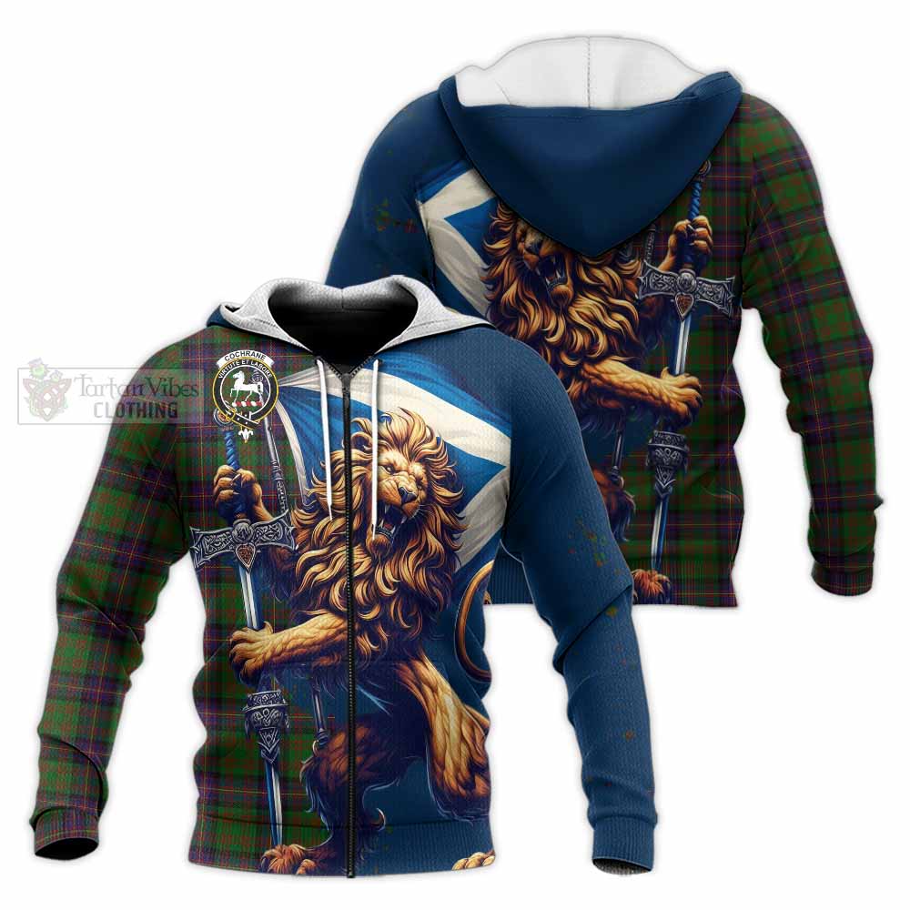 Tartan Vibes Clothing Cochrane Tartan Family Crest Knitted Hoodie with Scottish Majestic Lion