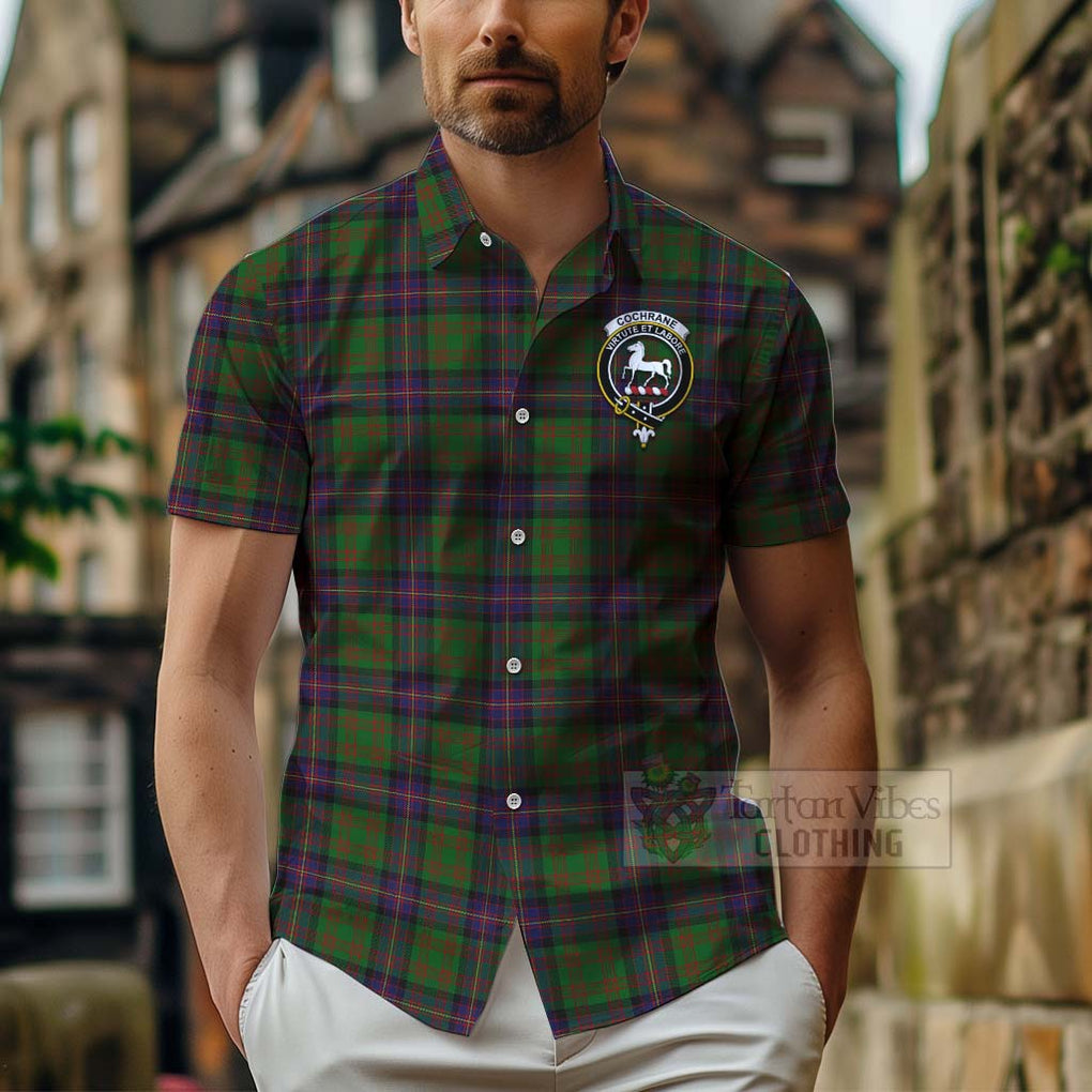 Tartan Vibes Clothing Cochrane Tartan Short Sleeve Button Shirt with Family Crest and Bearded Skull Holding Bottles of Whiskey