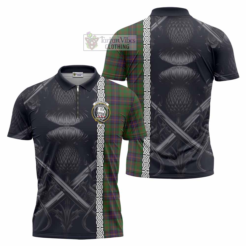 Tartan Vibes Clothing Cochrane Tartan Zipper Polo Shirt with Family Crest Cross Sword Thistle Celtic Vibes