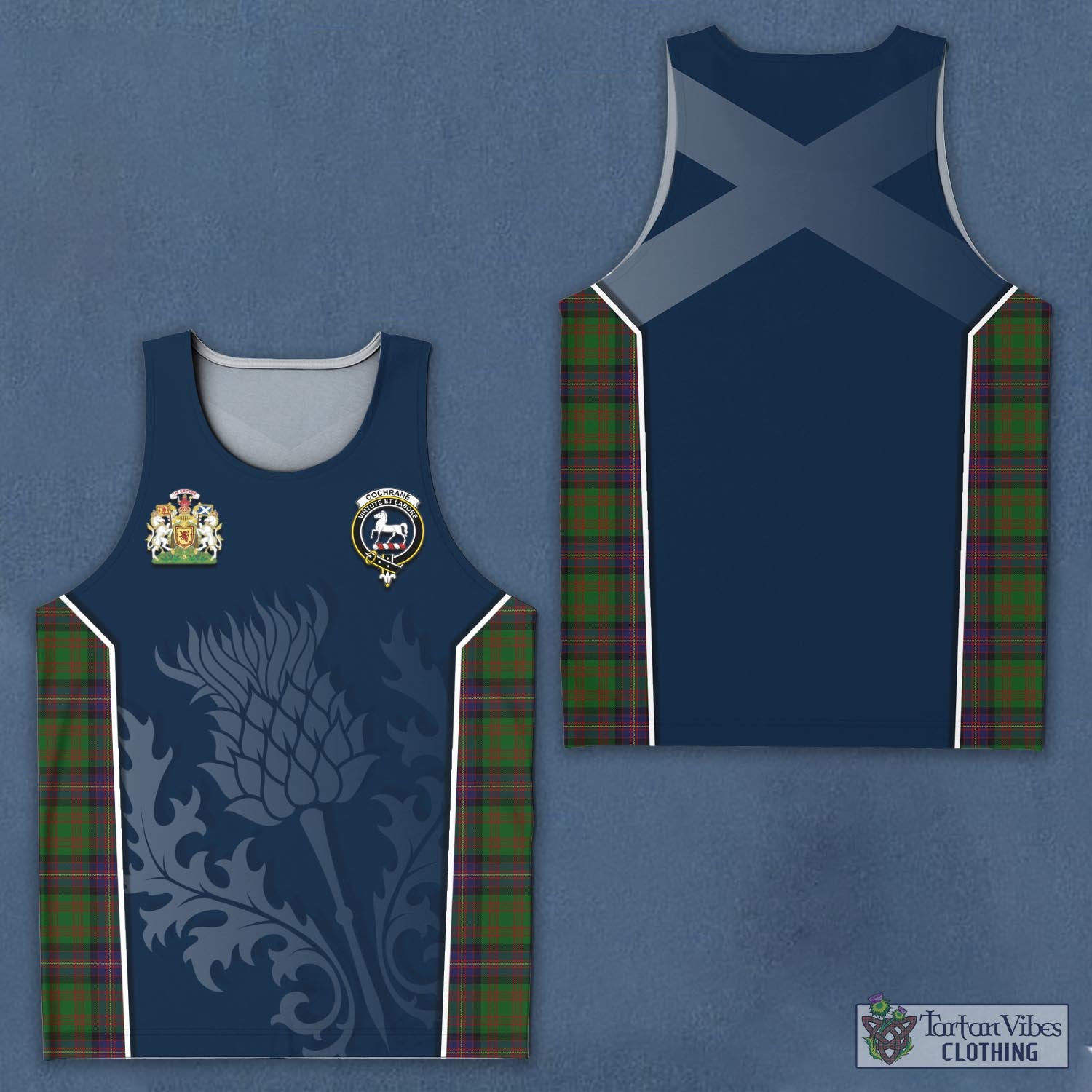 Tartan Vibes Clothing Cochrane Tartan Men's Tanks Top with Family Crest and Scottish Thistle Vibes Sport Style