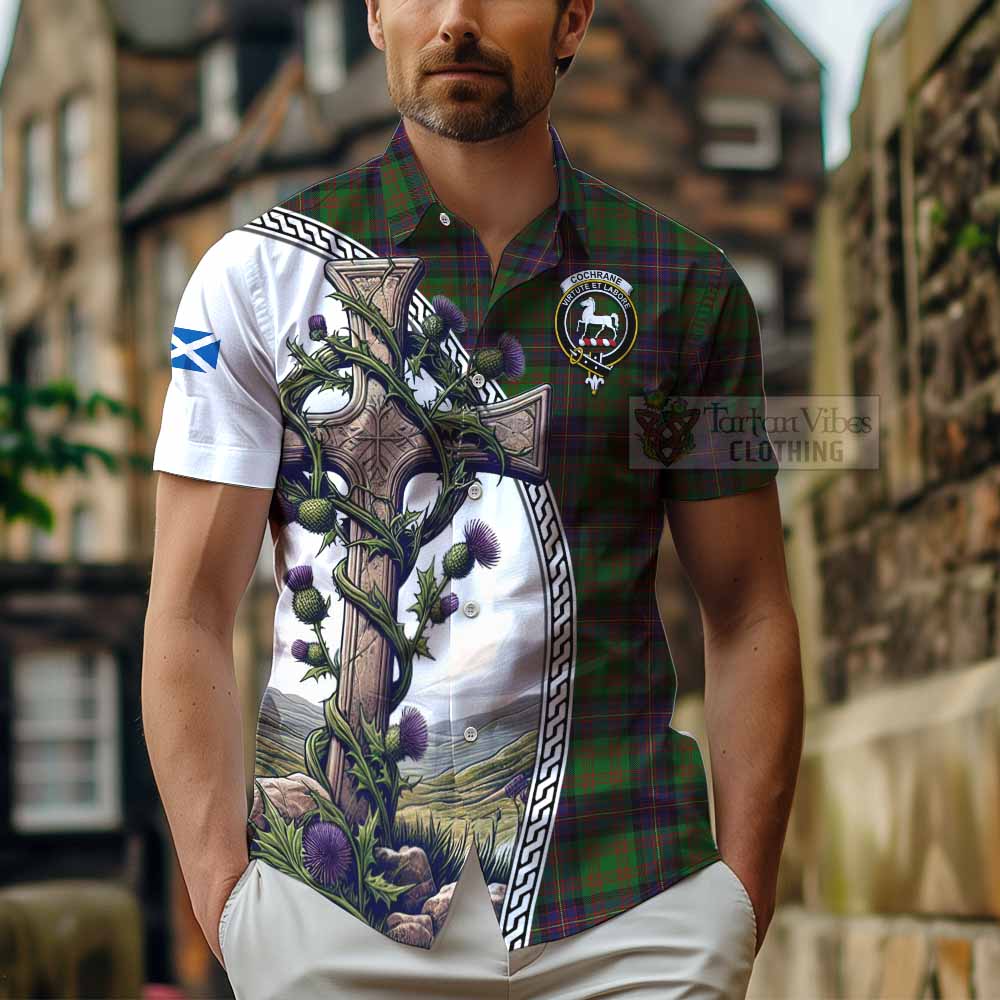 Tartan Vibes Clothing Cochrane Tartan Short Sleeve Button Shirt with Family Crest and St. Andrew's Cross Accented by Thistle Vines