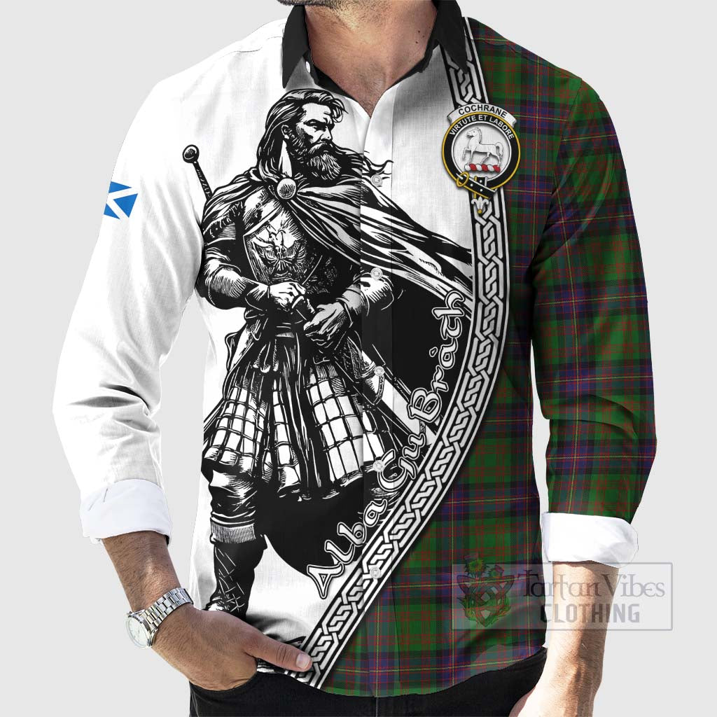 Tartan Vibes Clothing Cochrane Tartan Clan Crest Long Sleeve Button Shirt with Highlander Warrior Celtic Style