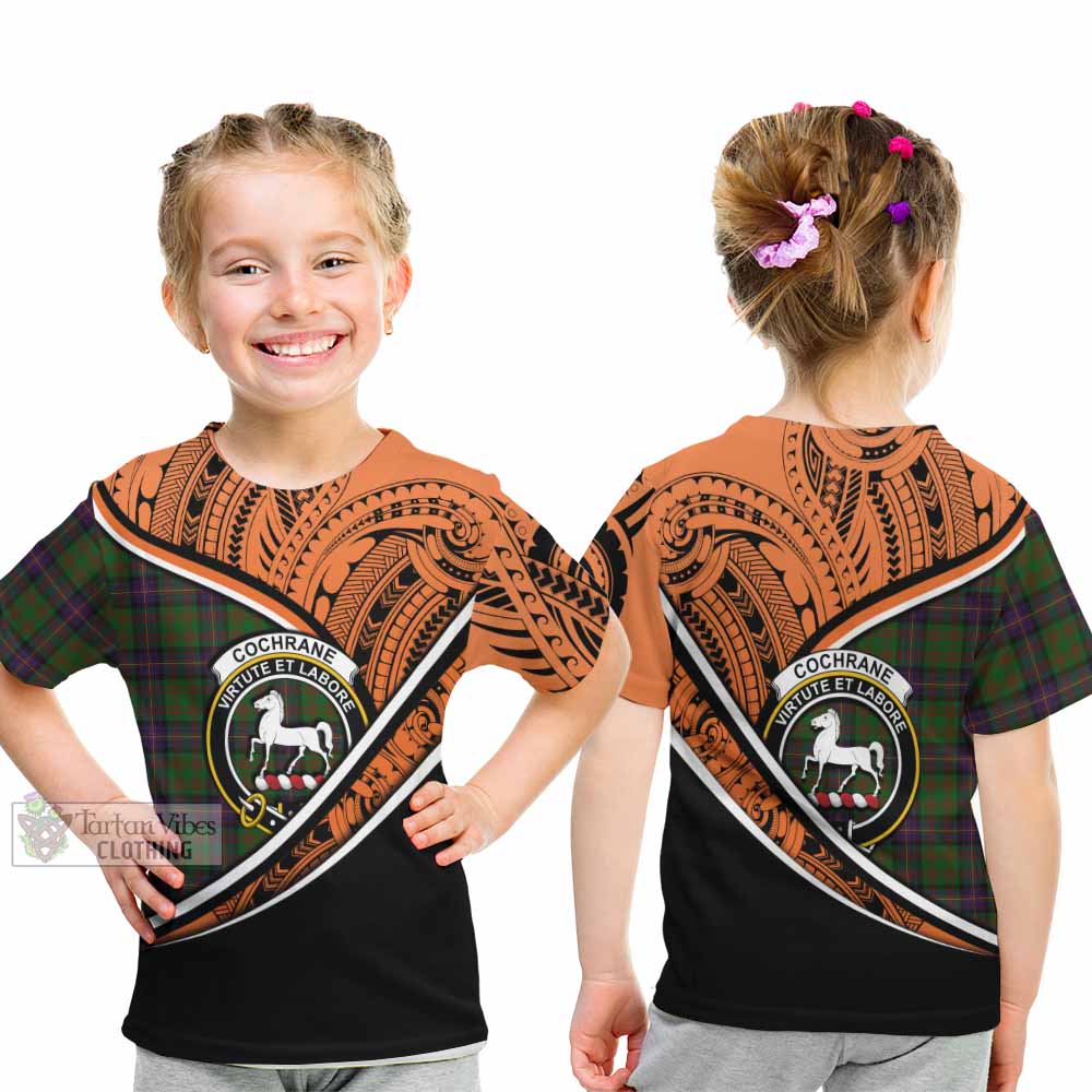 Tartan Vibes Clothing Cochrane Crest Tartan Kid T-Shirt with Maori Tattoo Style - Orange Version