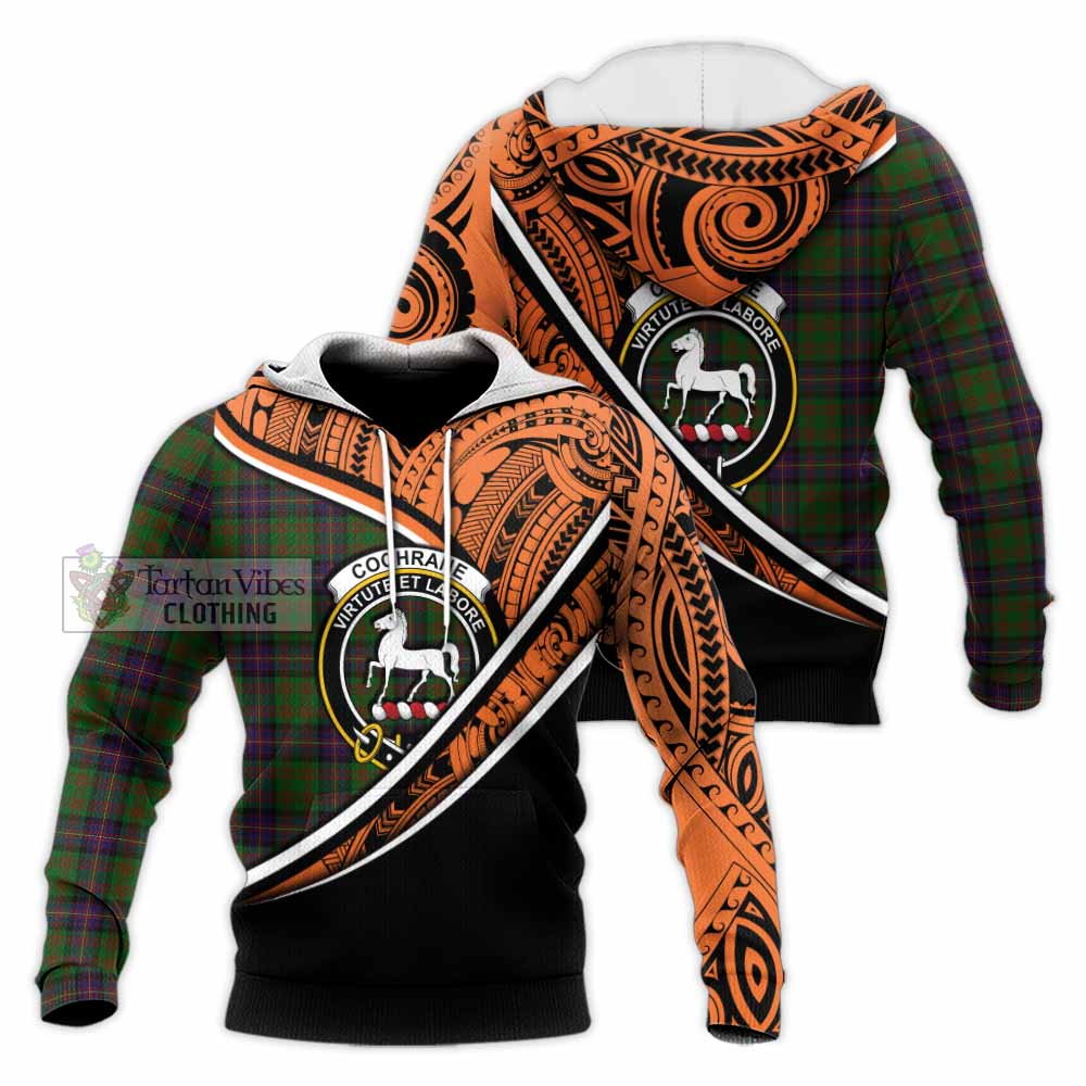 Tartan Vibes Clothing Cochrane Crest Tartan Knitted Hoodie with Maori Tattoo Style - Orange Version