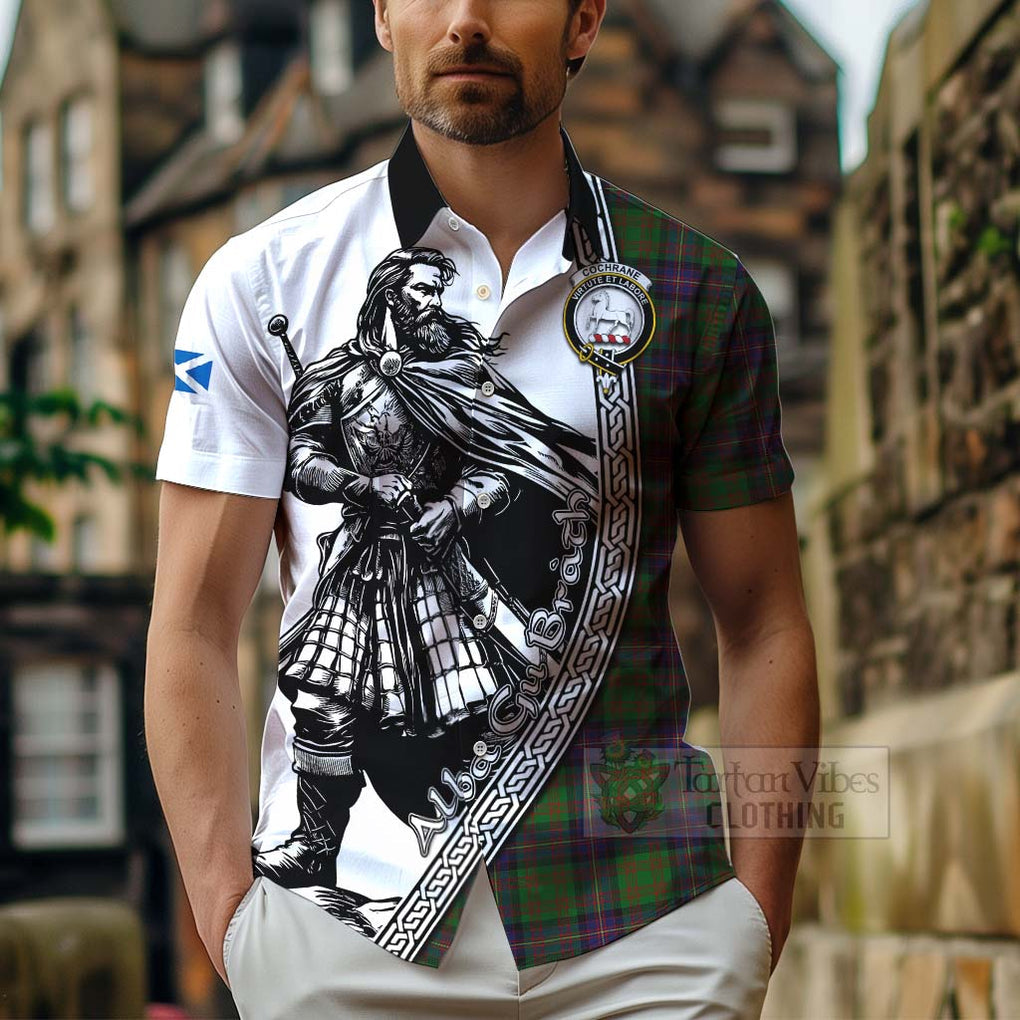 Tartan Vibes Clothing Cochrane Tartan Clan Crest Short Sleeve Button Shirt with Highlander Warrior Celtic Style