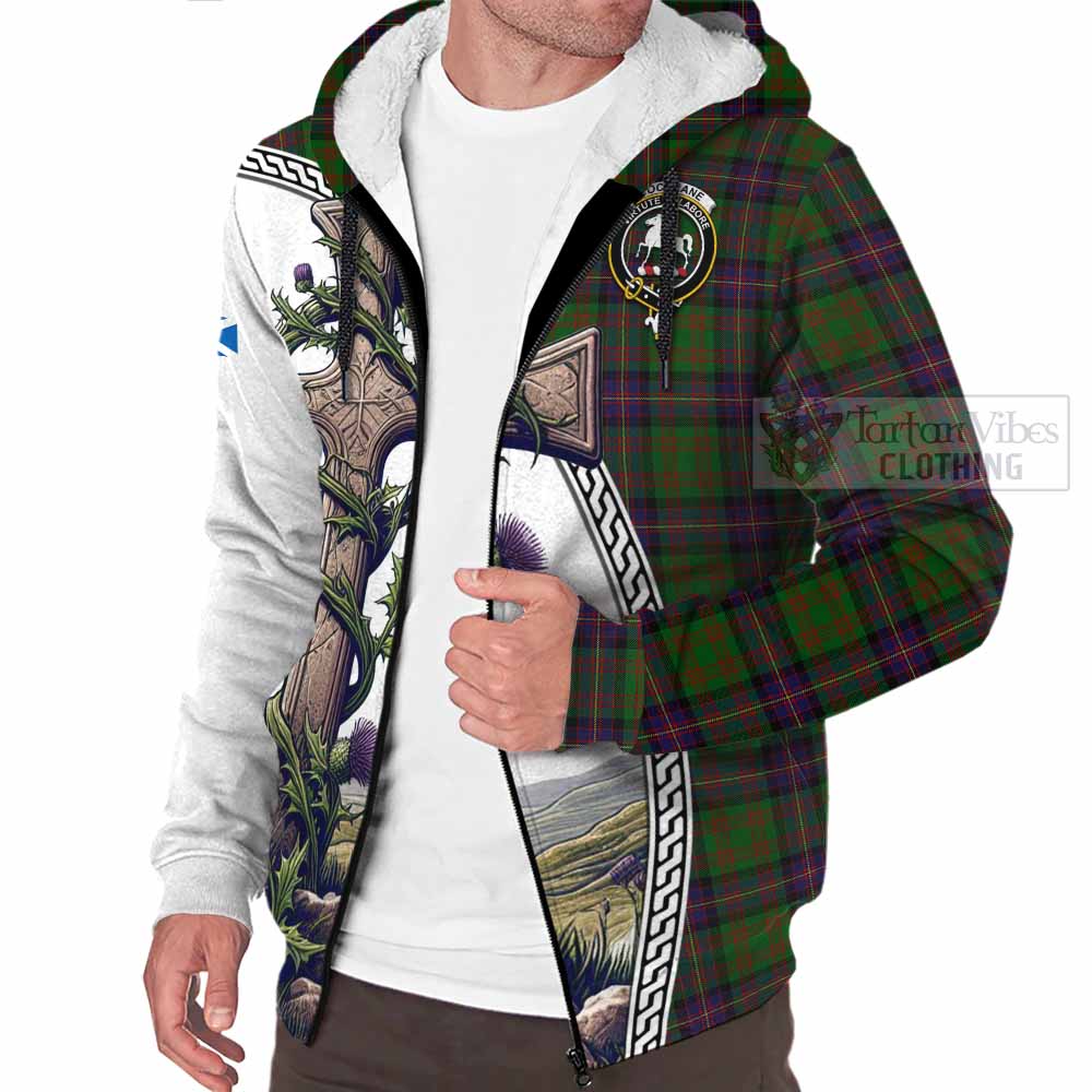 Tartan Vibes Clothing Cochrane Tartan Sherpa Hoodie with Family Crest and St. Andrew's Cross Accented by Thistle Vines