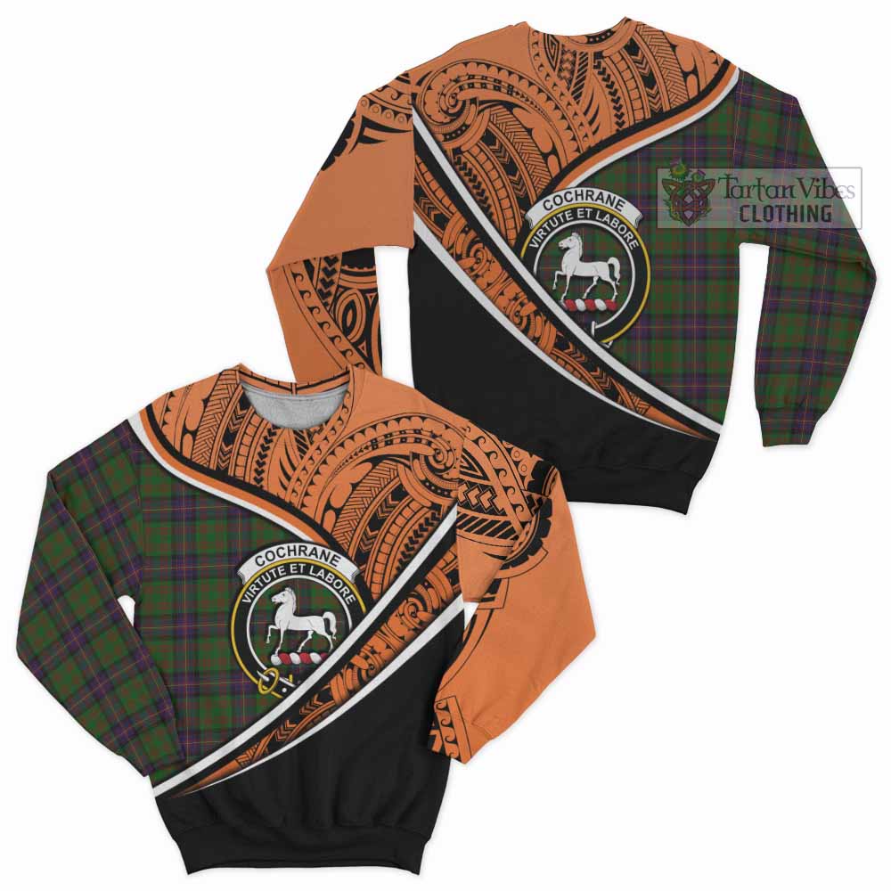 Tartan Vibes Clothing Cochrane Crest Tartan Sweatshirt with Maori Tattoo Style - Orange Version