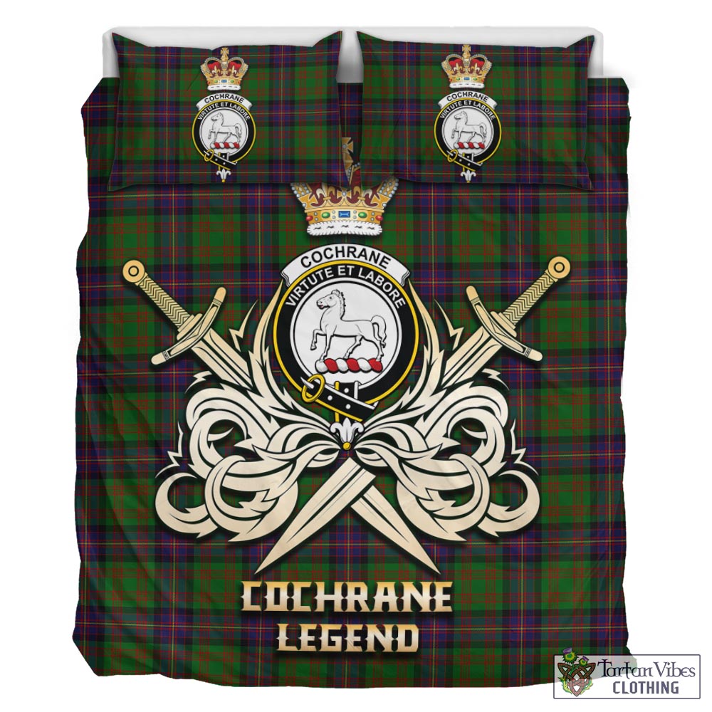 Tartan Vibes Clothing Cochrane Tartan Bedding Set with Clan Crest and the Golden Sword of Courageous Legacy