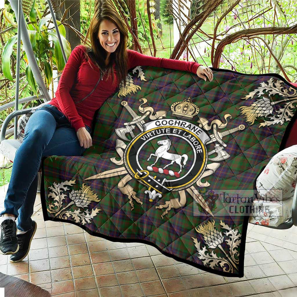 Tartan Vibes Clothing Cochrane Tartan Quilt with Family Crest and Scottish Golden Courage Shield